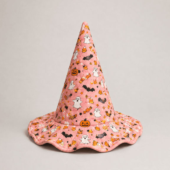 Pink Cute Ghost Pumpkin Halloween Quilted Witch Hat 1 Pink Cute Ghost Pumpkin Halloween Quilted Witch Hat