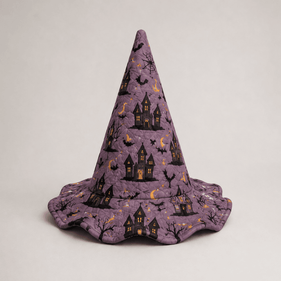 Purple Haunted House Halloween Quilted Witch Hat 1 Purple Haunted House Halloween Quilted Witch Hat