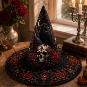 Skull Rose Gothic Halloween Quilted Witch Hat