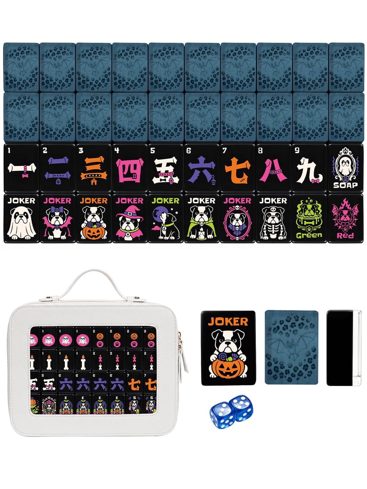 Blue Bat & Leopard American Mahjong Set - 160 Acrylic Tiles, Mat, Storage Bag & Accessories 1 Blue Bat & Leopard American Mahjong Set - 160 Acrylic Tiles, Mat, Storage Bag & Accessories