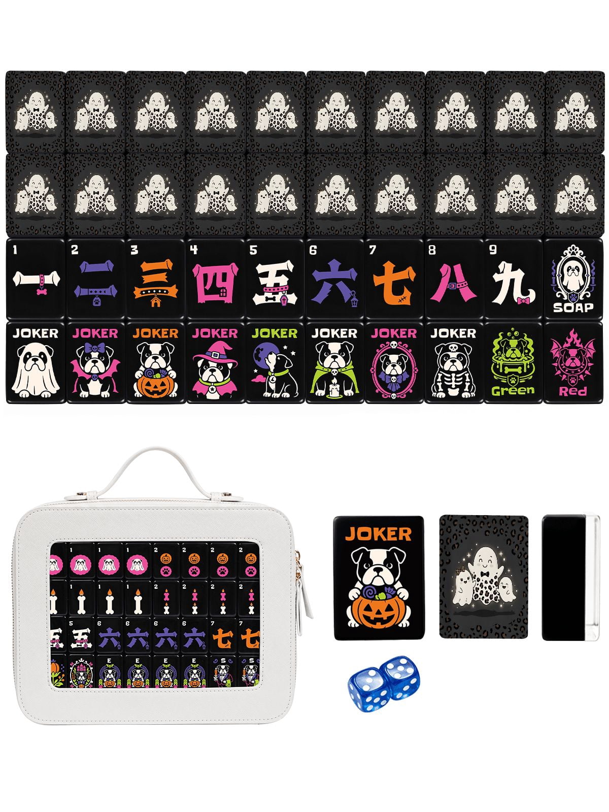 Ghost Family & Leopard American Mahjong Set - 160 Acrylic Tiles, Mat, Storage Bag & Accessories 1 Ghost Family & Leopard American Mahjong Set - 160 Acrylic Tiles, Mat, Storage Bag & Accessories