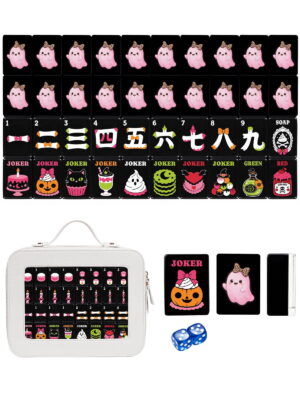 Pink Ghost & Leopard American Mahjong Set - 160 Acrylic Tiles, Mat, Storage Bag & Accessories