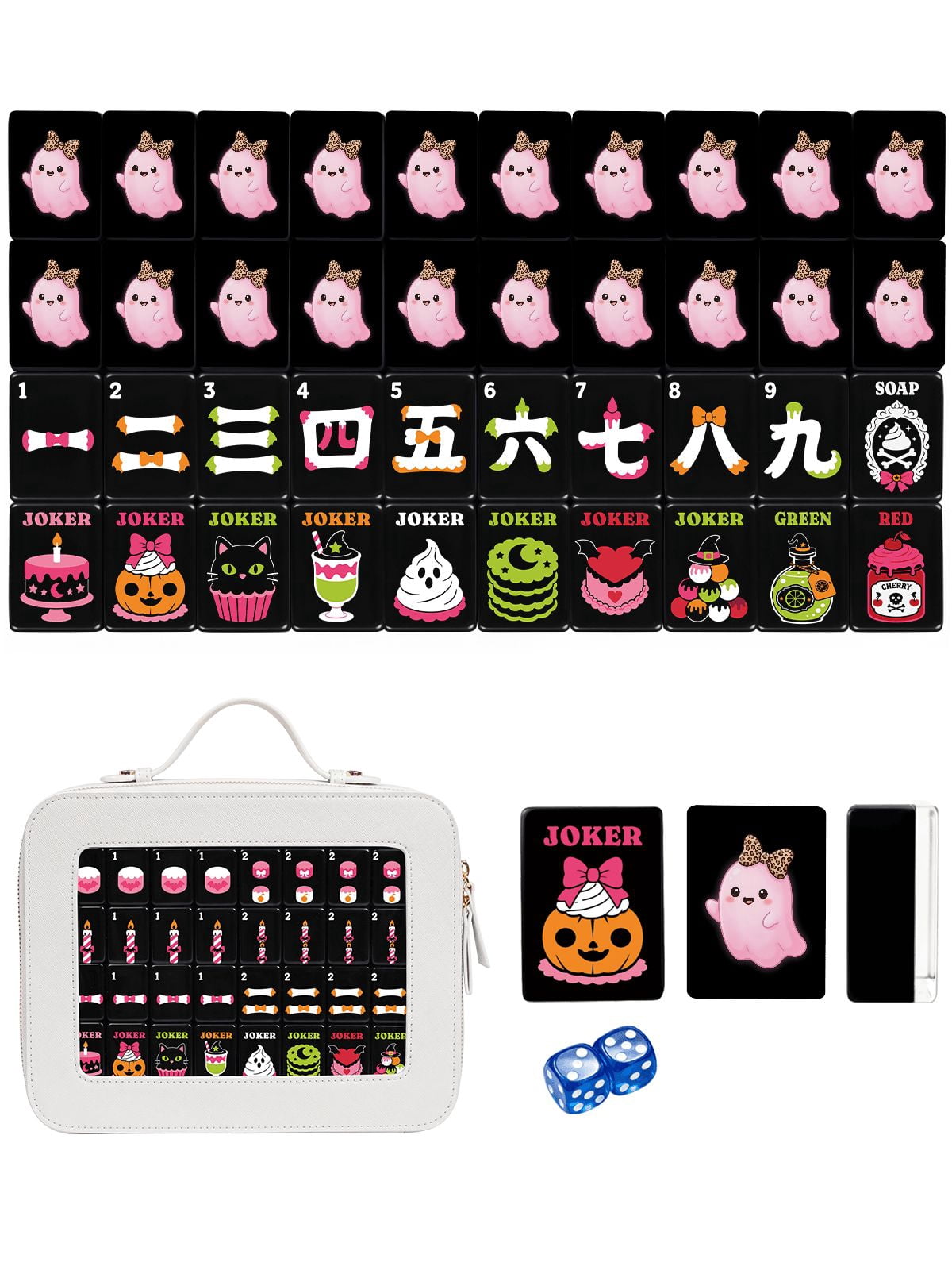 Pink Ghost & Leopard American Mahjong Set - 160 Acrylic Tiles, Mat, Storage Bag & Accessories 1 Pink Ghost & Leopard American Mahjong Set - 160 Acrylic Tiles, Mat, Storage Bag & Accessories