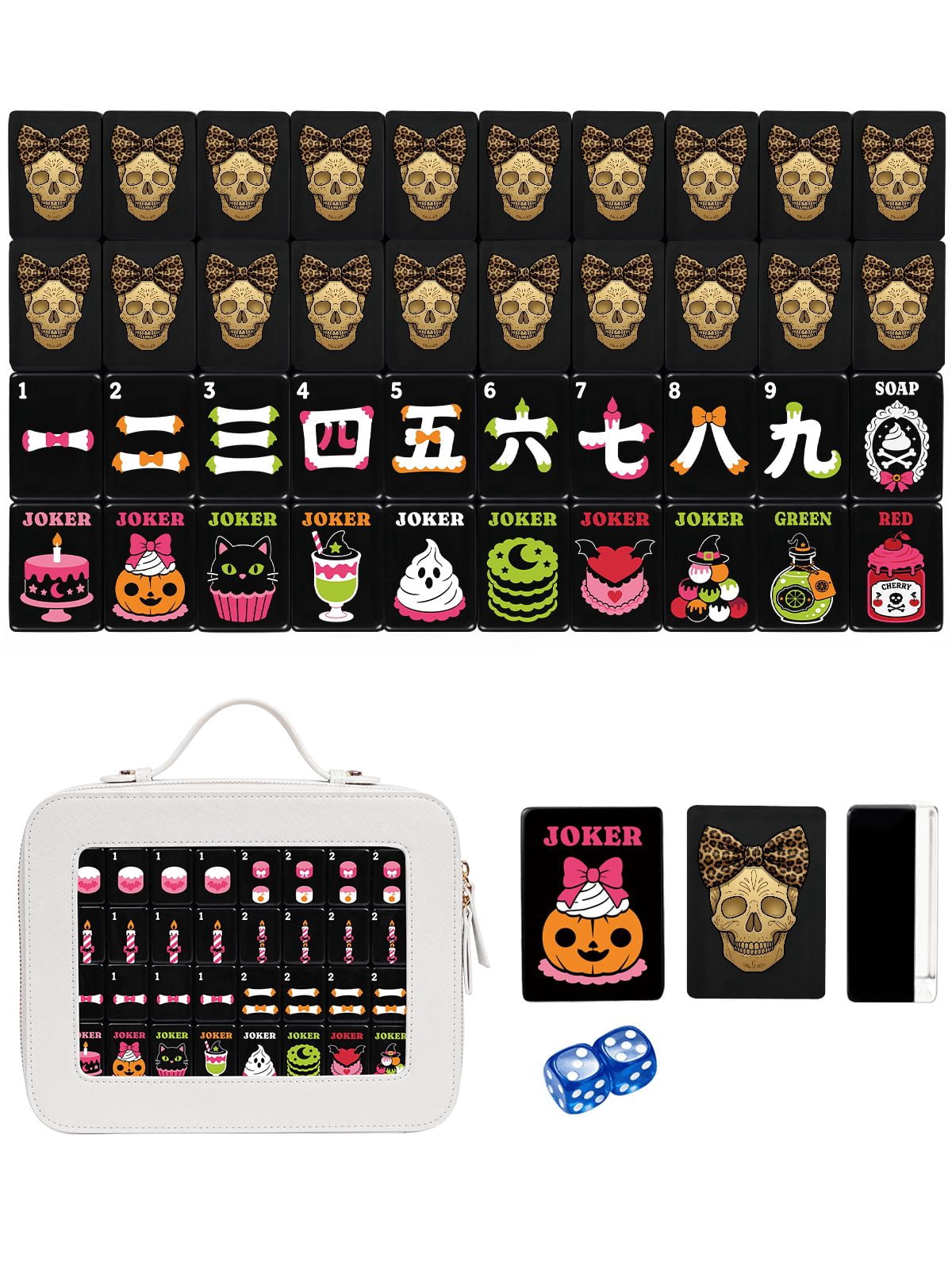 Pink Pumpkin & Sugar Skull American Mahjong Set - 160 Acrylic Tiles, Mat, Storage Bag & Accessories 1 Pink Pumpkin & Sugar Skull American Mahjong Set - 160 Acrylic Tiles, Mat, Storage Bag & Accessories