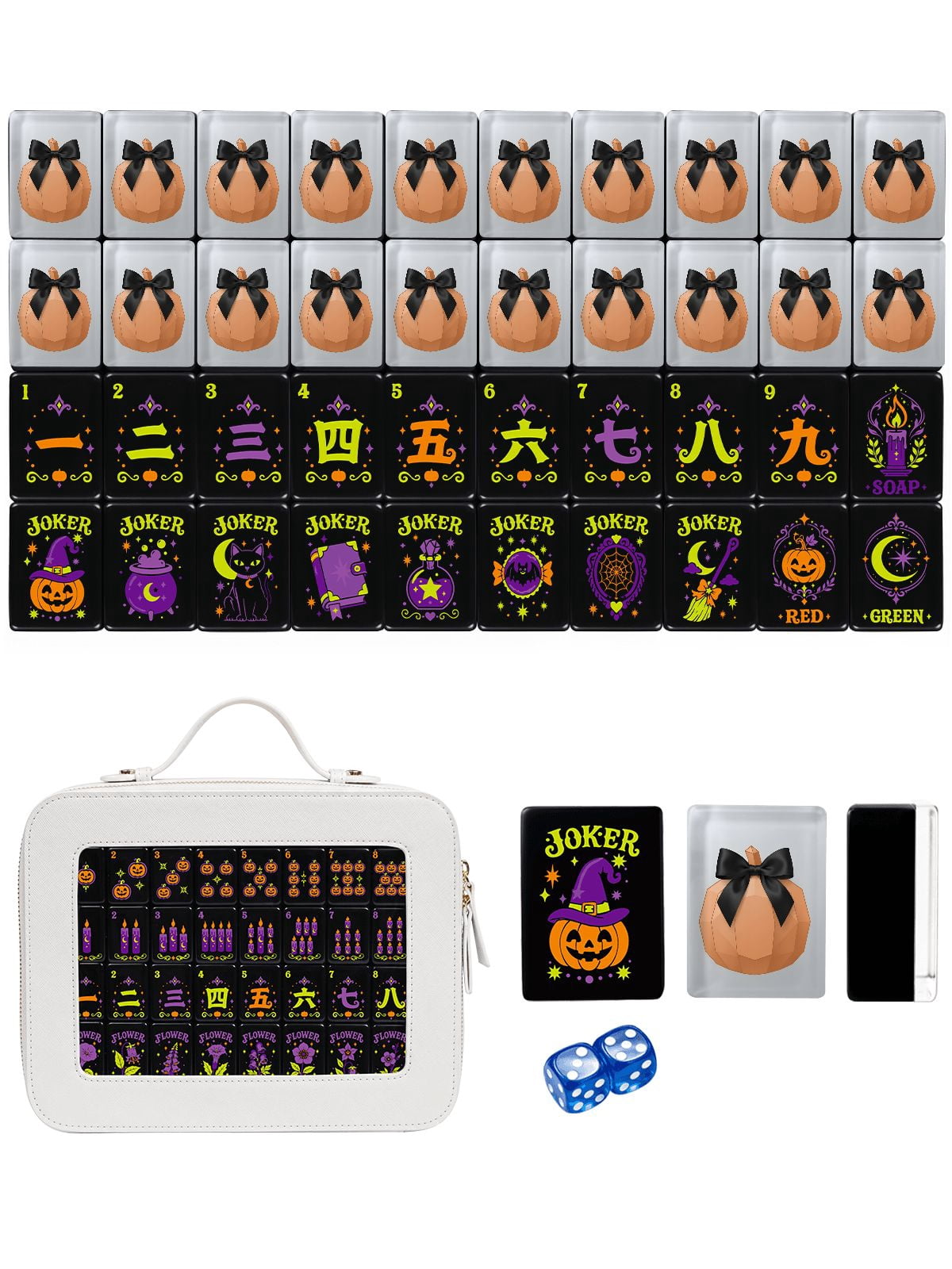 Orange Pumpkin & Black Bow American Mahjong Set - 160 Acrylic Tiles, Mat, Storage Bag & Accessories 1 Orange Pumpkin & Black Bow American Mahjong Set - 160 Acrylic Tiles, Mat, Storage Bag & Accessories
