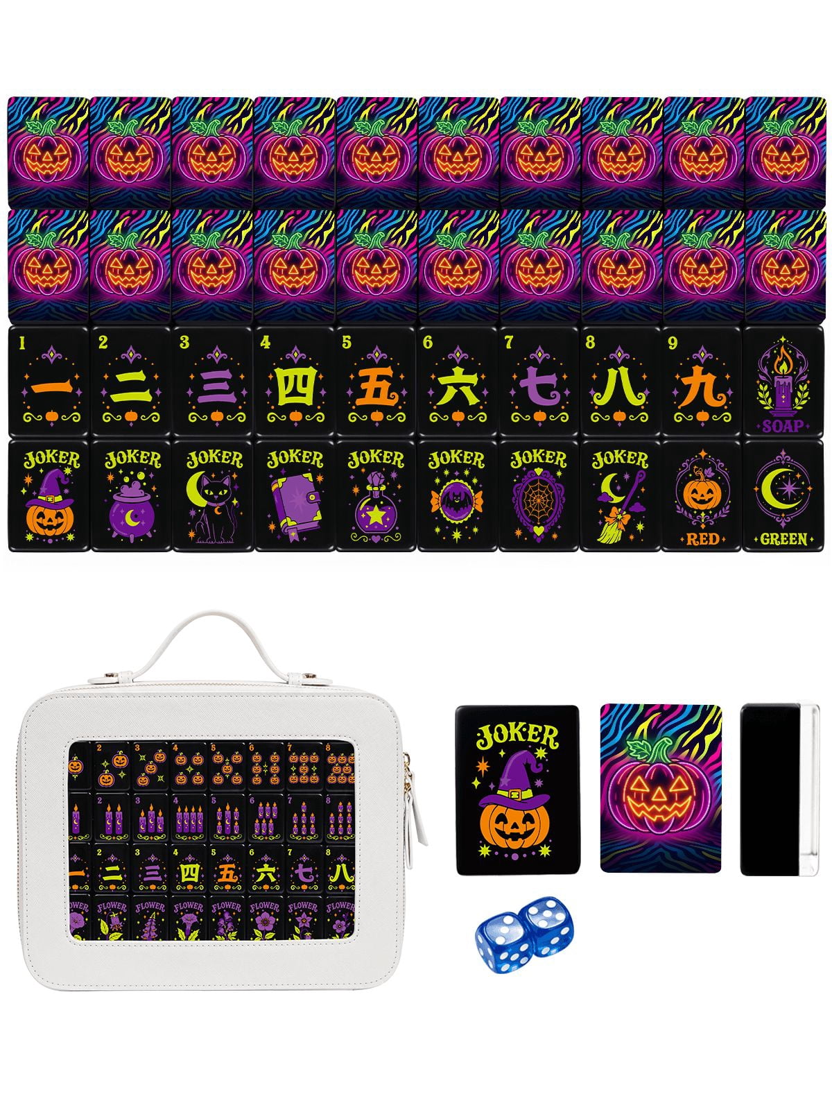 Neon Pumpkin & Zebra American Mahjong Set - 160 Acrylic Tiles, Mat, Storage Bag & Accessories 1 Neon Pumpkin & Zebra American Mahjong Set - 160 Acrylic Tiles, Mat, Storage Bag & Accessories