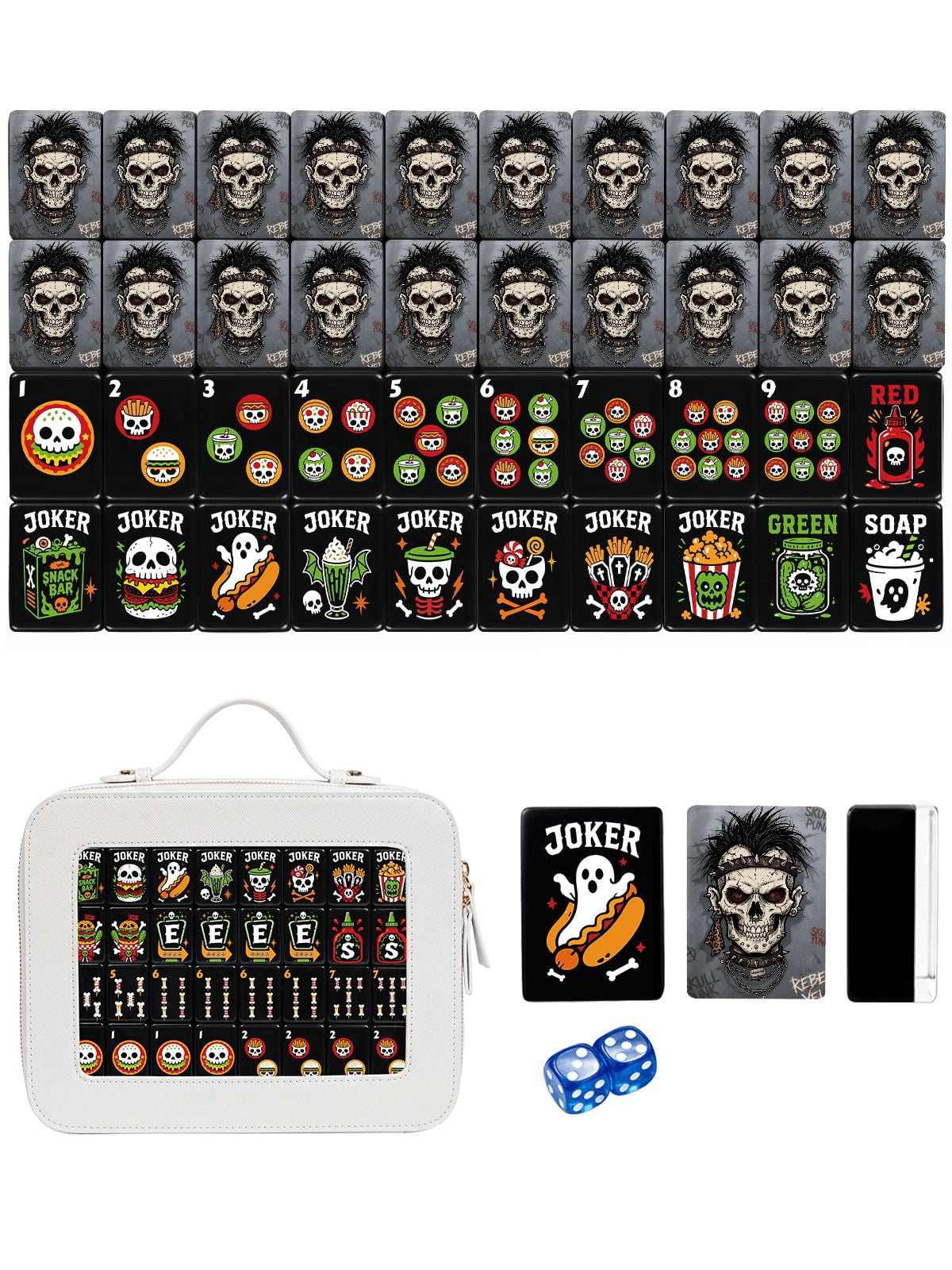 Punk Skull & Chain American Mahjong Set - 160 Acrylic Tiles, Mat, Storage Bag & Accessories 1 Punk Skull & Chain American Mahjong Set - 160 Acrylic Tiles, Mat, Storage Bag & Accessories