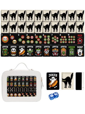 Skull & Black Cat American Mahjong Set - 160 Acrylic Tiles, Mat, Storage Bag & Accessories