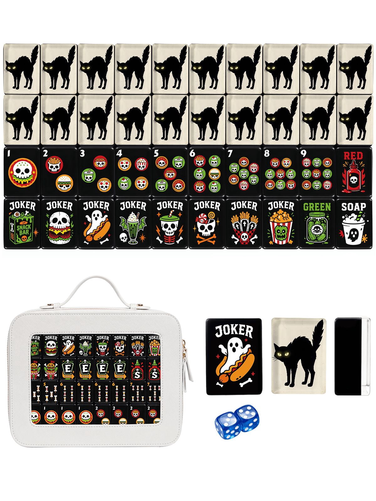 Skull & Black Cat American Mahjong Set - 160 Acrylic Tiles, Mat, Storage Bag & Accessories 1 Skull & Black Cat American Mahjong Set - 160 Acrylic Tiles, Mat, Storage Bag & Accessories