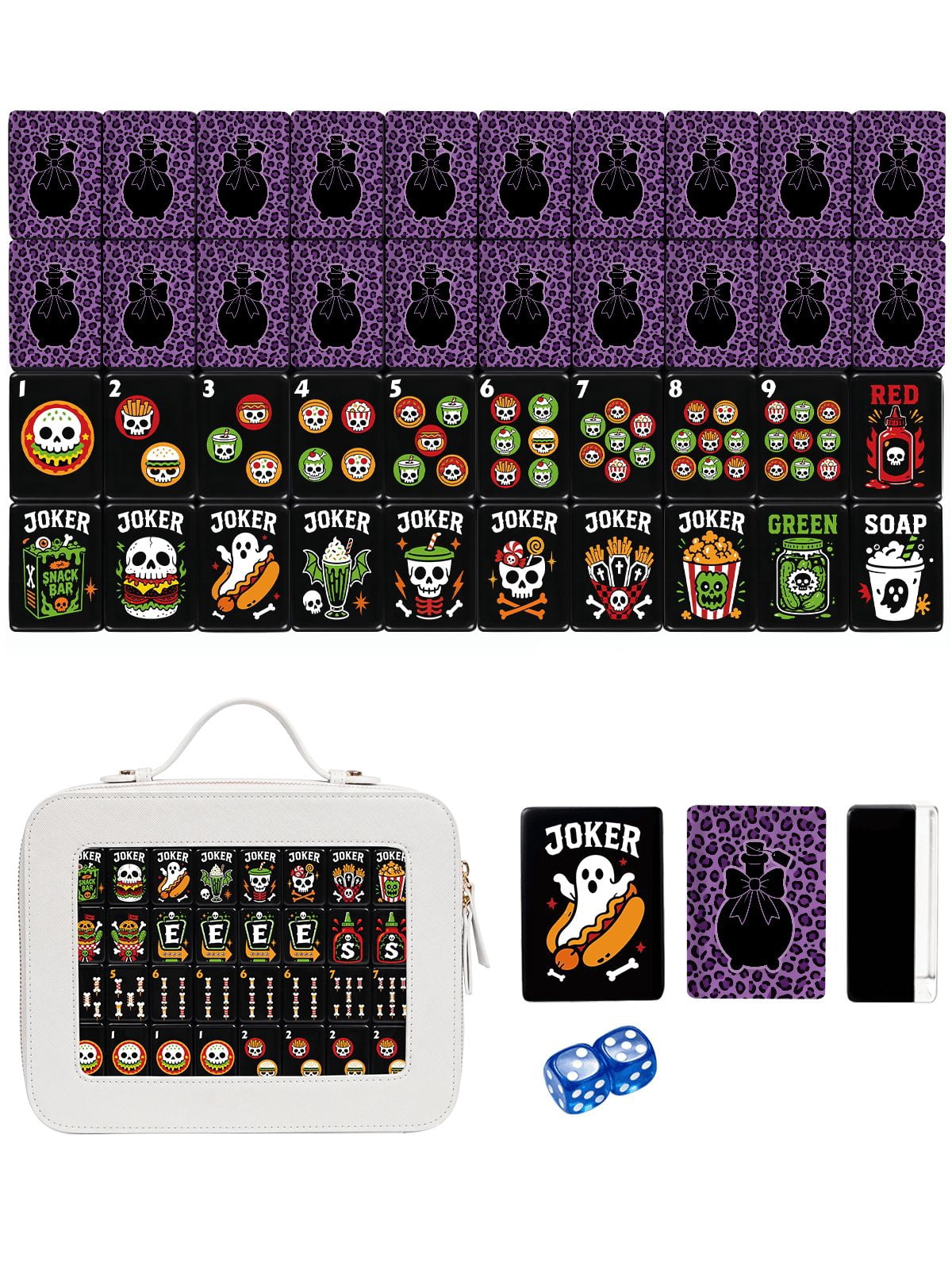 Skull & Black Bow American Mahjong Set - 160 Acrylic Tiles, Mat, Storage Bag & Accessories 1 Skull & Black Bow American Mahjong Set - 160 Acrylic Tiles, Mat, Storage Bag & Accessories