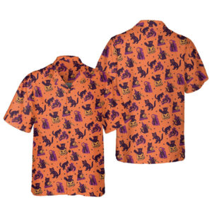 Unisex Gothic Halloween 2026 Spooky Black Cats and Witches Hawaiian Shirt for Halloween Fans