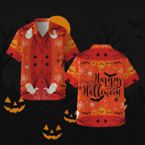 Unisex Happy Halloween 2026 Cute Ghost and Pumpkin Hawaiian Shirt for Halloween Fans