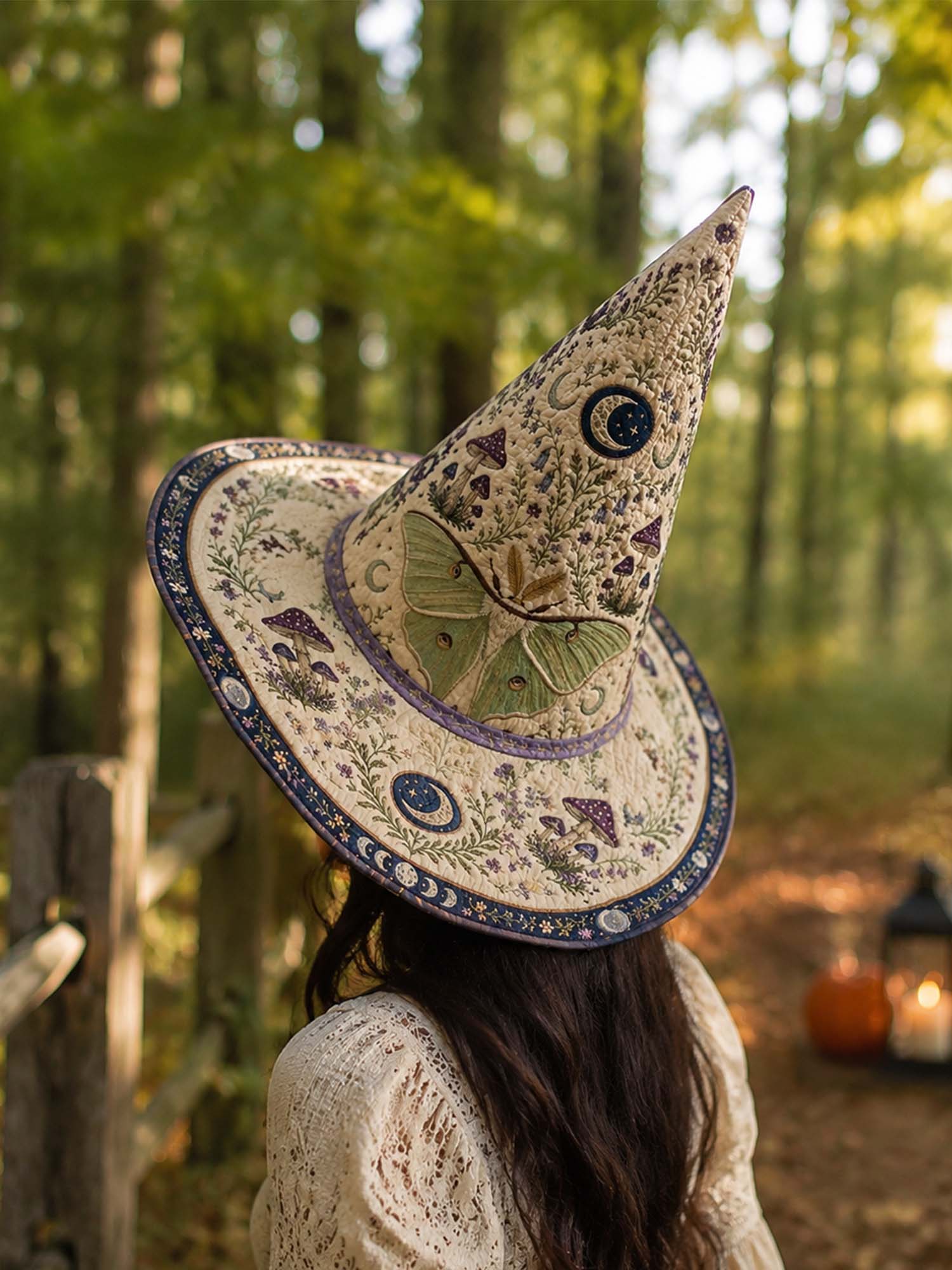 Halloween Cottagecore Botanical Moth Quilted Witch Hat 2 Halloween Cottagecore Botanical Moth Quilted Witch Hat - Image 2