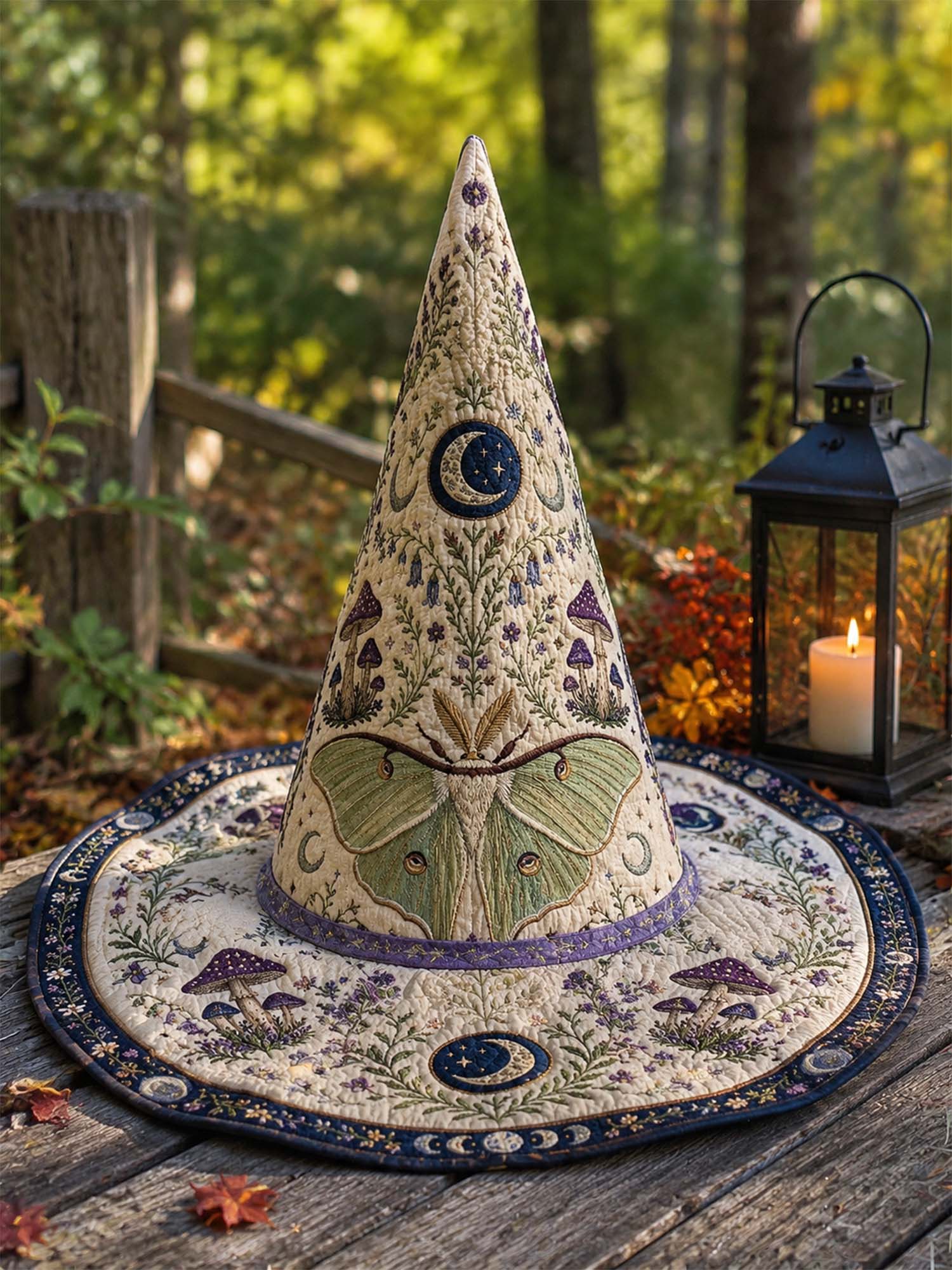 Halloween Cottagecore Botanical Moth Quilted Witch Hat 3 Halloween Cottagecore Botanical Moth Quilted Witch Hat - Image 3