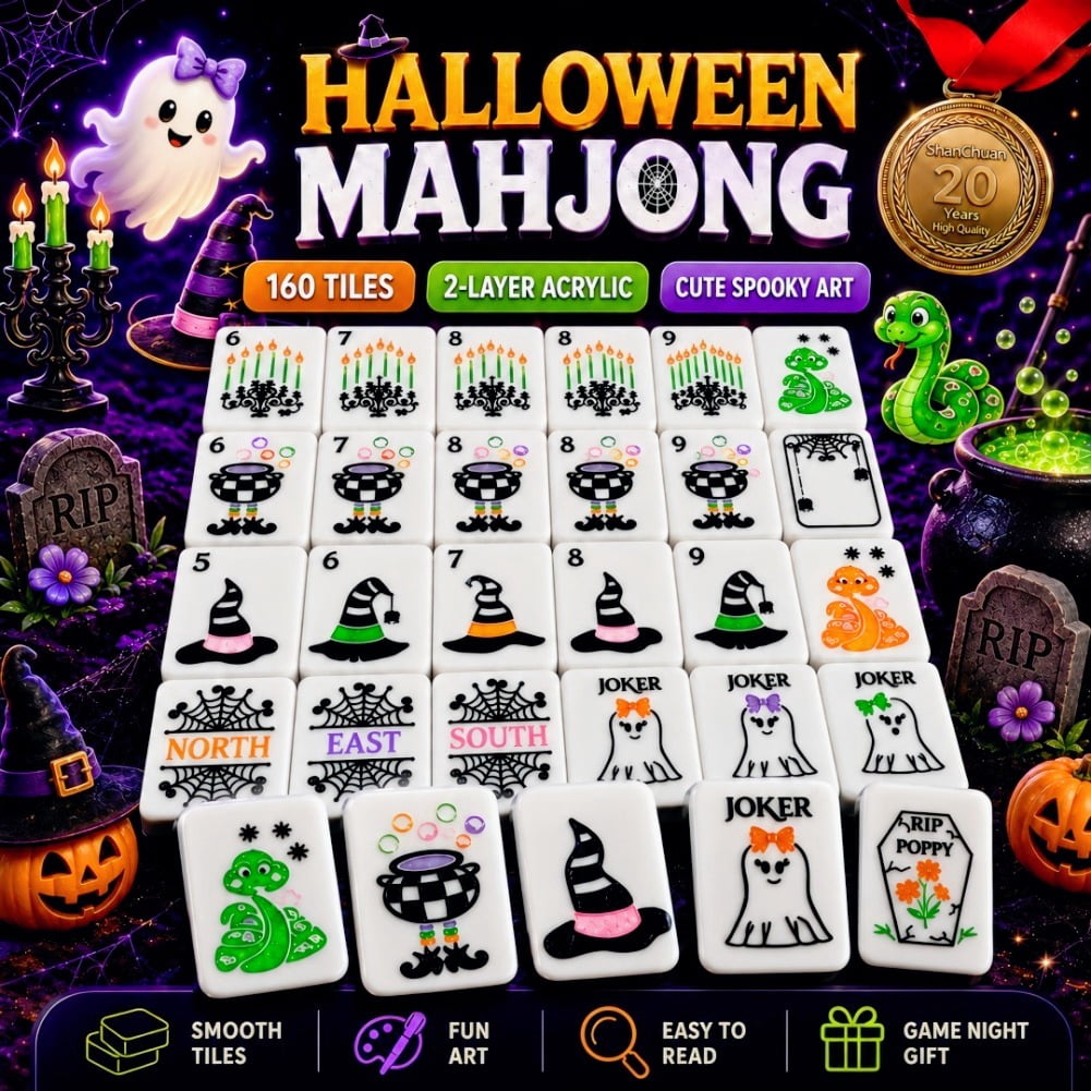 American Mahjong Tile Set Halloween Ghost Design for Family Game Nights 160 Piece Double Layer Engraved Acrylic Set 1 American Mahjong Tile Set Halloween Ghost Design for Family Game Nights 160 Piece Double Layer Engraved Acrylic Set