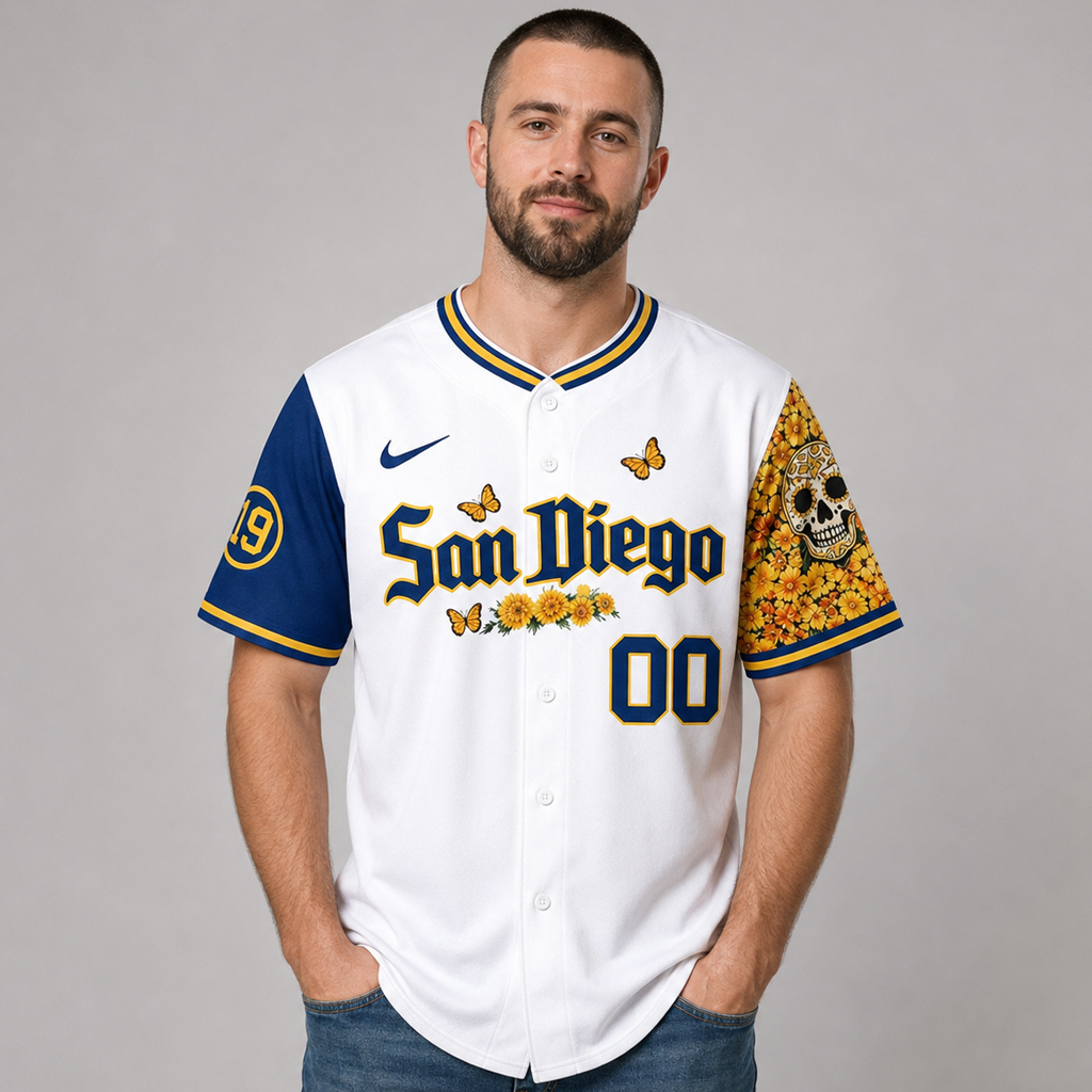 Custom Name And Number San Diego Padres Sugar Skull Butterfly Baseball Jersey for Baseball Fans 3 Custom Name And Number San Diego Padres Sugar Skull Butterfly Baseball Jersey for Baseball Fans - Image 3
