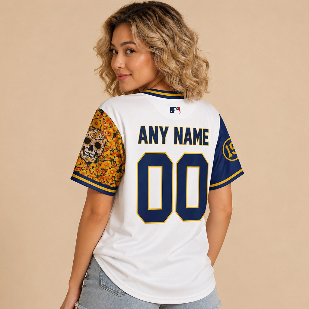 Custom Name And Number San Diego Padres Sugar Skull Butterfly Baseball Jersey for Baseball Fans 4 Custom Name And Number San Diego Padres Sugar Skull Butterfly Baseball Jersey for Baseball Fans - Image 4