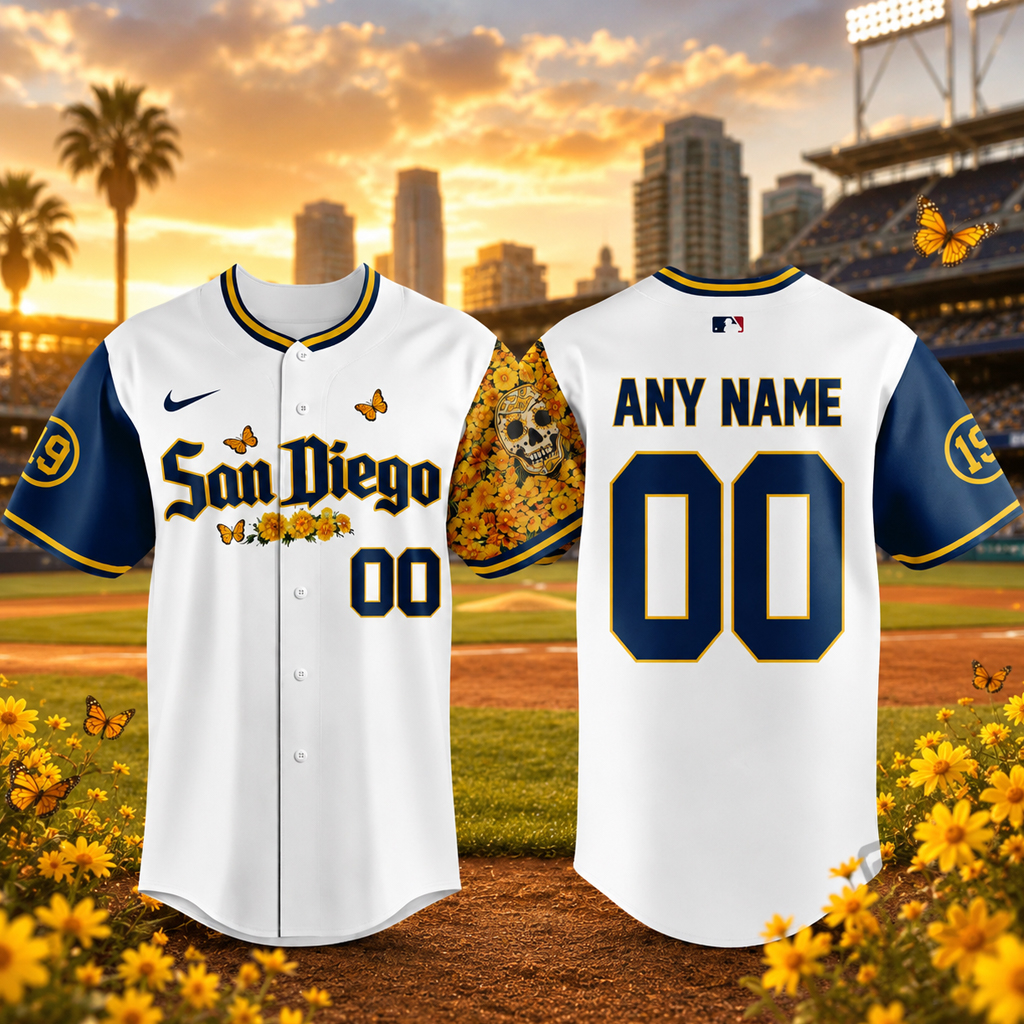 Custom Name And Number San Diego Padres Sugar Skull Butterfly Baseball Jersey for Baseball Fans 2 Custom Name And Number San Diego Padres Sugar Skull Butterfly Baseball Jersey for Baseball Fans - Image 2