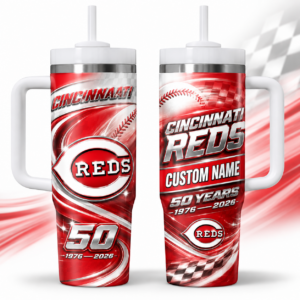 Custom Name Cincinnati Reds 50th Anniversary 1976-2026 Redline Racing 40oz Tumbler for Baseball Fans