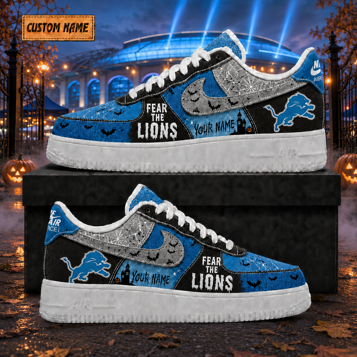 Custom Name Detroit Lions Fear The Lions Halloween Shoes Sneakers for Football Fans 1 Custom Name Detroit Lions Fear The Lions Halloween Shoes Sneakers for Football Fans