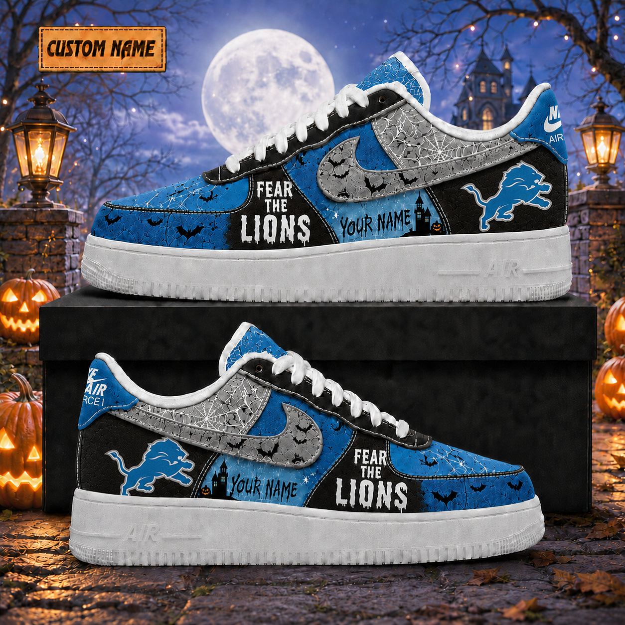 Custom Name Detroit Lions Fear The Lions Halloween Shoes Sneakers for Football Fans 2 Custom Name Detroit Lions Fear The Lions Halloween Shoes Sneakers for Football Fans - Image 2