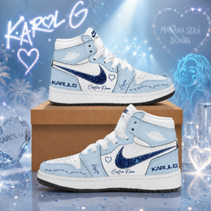 Custom Name Karol G Signature Sky Blue Glitter AJ1 High Top Shoes for Music Fans