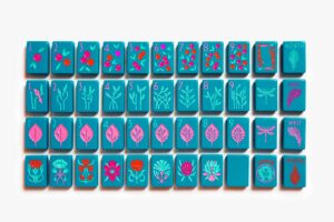 Deep Teal Botanical Art Nouveau American Mahjong Set - 160 Acrylic Tiles, Mat, Storage Bag & Accessories