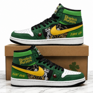 Dropkick Murphys Turn Up That Dial Green Gold AJ1 High Top Shoes for Music Fans