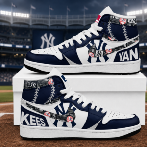 New York Yankees Navy White Baseball Logo AJ1 High Top Shoes for Baseball Fans