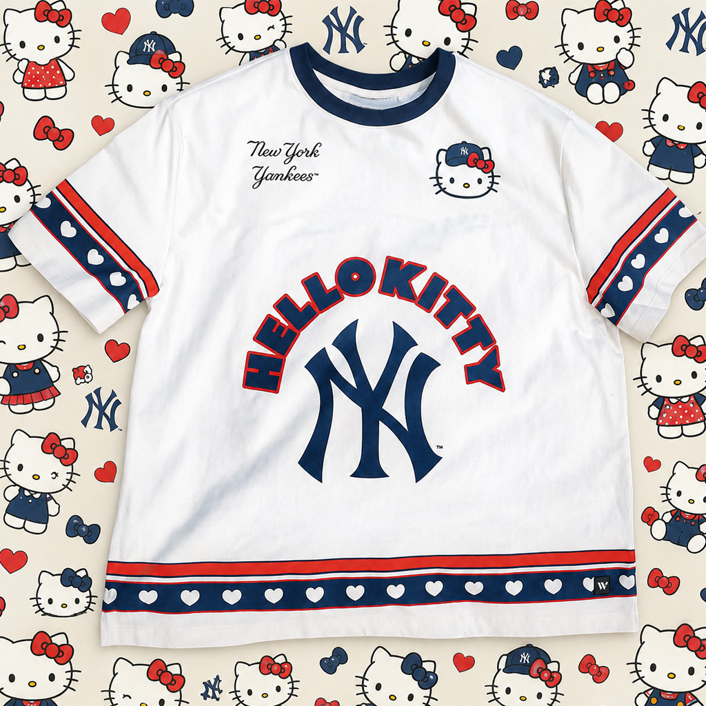 New York Yankees x Hello Kitty Heart Graphic Shirt for Baseball and Hello Kitty Fans 2 New York Yankees x Hello Kitty Heart Graphic Shirt for Baseball and Hello Kitty Fans - Image 2