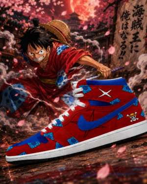 One Piece Monkey D. Luffy Red Blue AJ1 High Top Shoes for Anime Fans