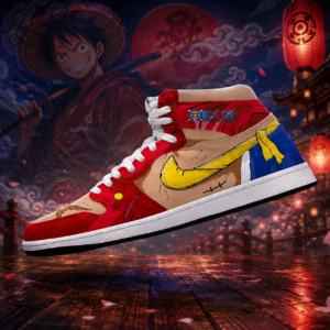 One Piece Monkey D. Luffy Red Yellow AJ1 High Top Shoes for Anime Fans
