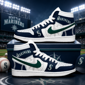 Seattle Mariners Navy Teal White AJ1 High Top Shoes for Baseball Fans
