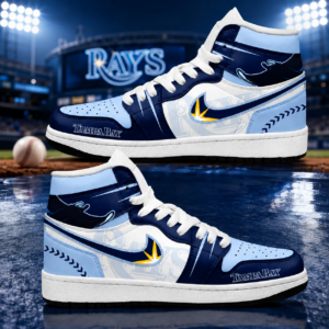 Tampa Bay Rays Light Blue Navy AJ1 High Top Shoes for Baseball Fans