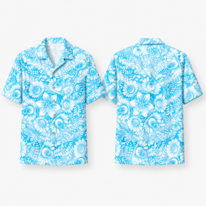 Unisex Aqua Blue White Floral Hawaiian Shirt