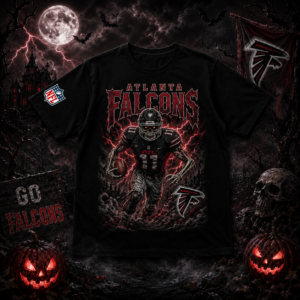 Unisex Atlanta Falcons Spooky Skeleton Football Player Halloween 2026 Graphic Shirt for Football Fans