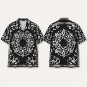 Unisex Black White Ornamental Bandana Hawaiian Shirt for Summer Vacation