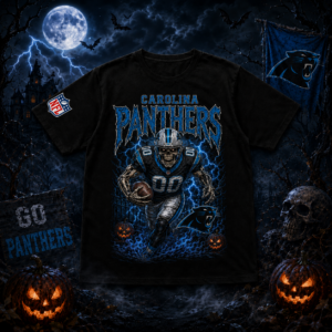 Unisex Carolina Panthers Spooky Skeleton Football Player Halloween 2026 Graphic Shirt for Football Fans