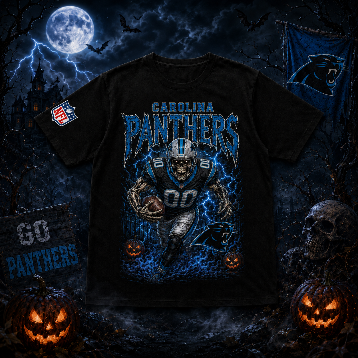 Unisex Carolina Panthers Spooky Skeleton Football Player Halloween 2026 Graphic Shirt for Football Fans 1 Unisex Carolina Panthers Spooky Skeleton Football Player Halloween 2026 Graphic Shirt for Football Fans