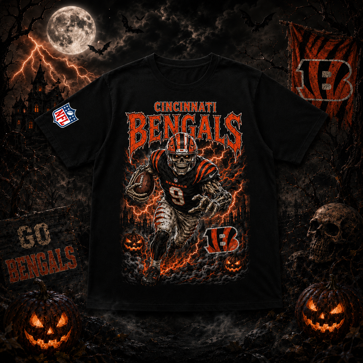 Unisex Cincinnati Bengals Spooky Skeleton Football Player Halloween 2026 Graphic Shirt for Football Fans 1 Unisex Cincinnati Bengals Spooky Skeleton Football Player Halloween 2026 Graphic Shirt for Football Fans