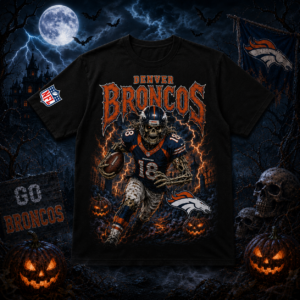 Unisex Denver Broncos Spooky Skeleton Football Player Halloween 2026 Graphic Shirt for Football Fans