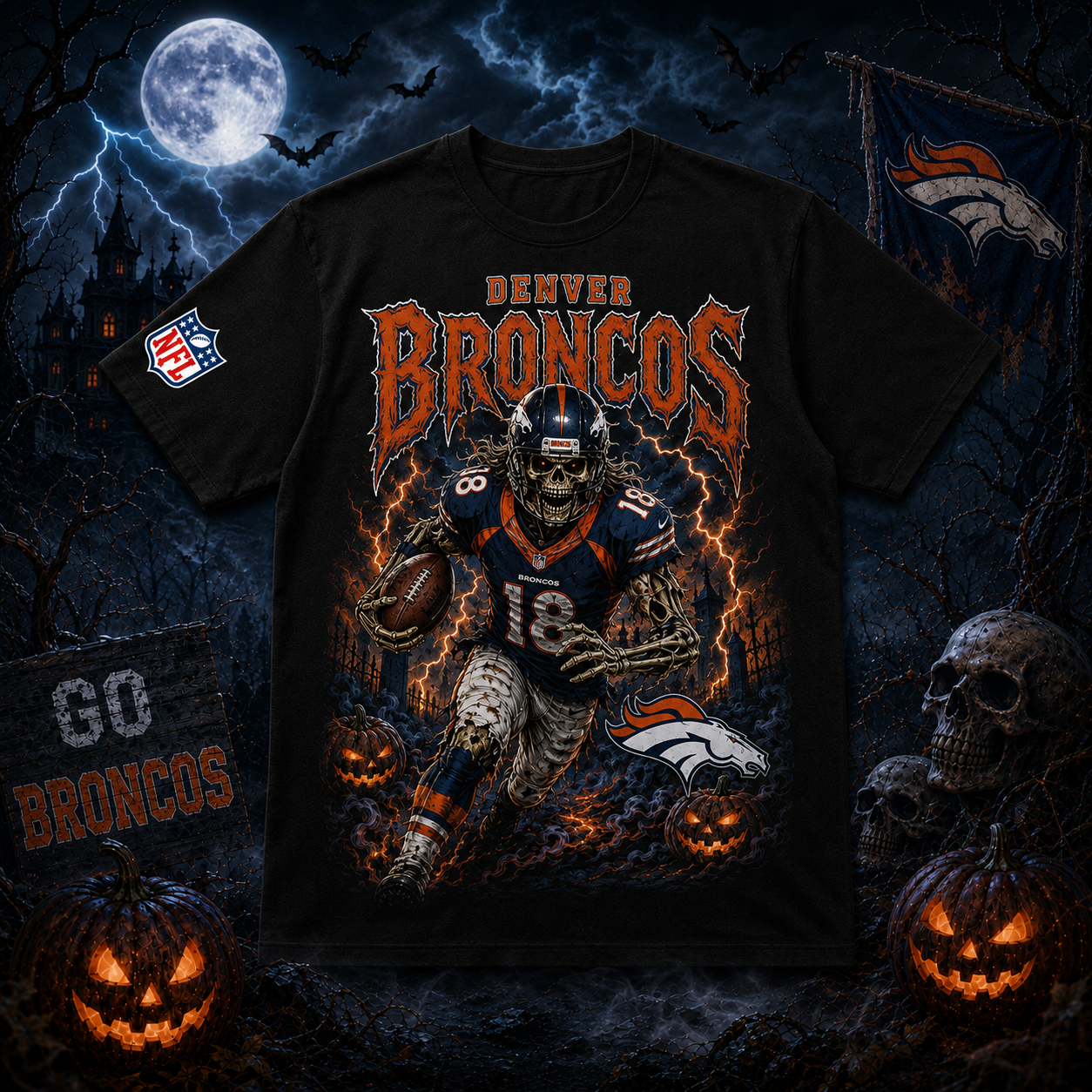 Unisex Denver Broncos Spooky Skeleton Football Player Halloween 2026 Graphic Shirt for Football Fans 1 Unisex Denver Broncos Spooky Skeleton Football Player Halloween 2026 Graphic Shirt for Football Fans