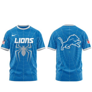 Unisex Detroit Lions x Spider-Man 2026 Blue Graphic Shirt for Football Fans