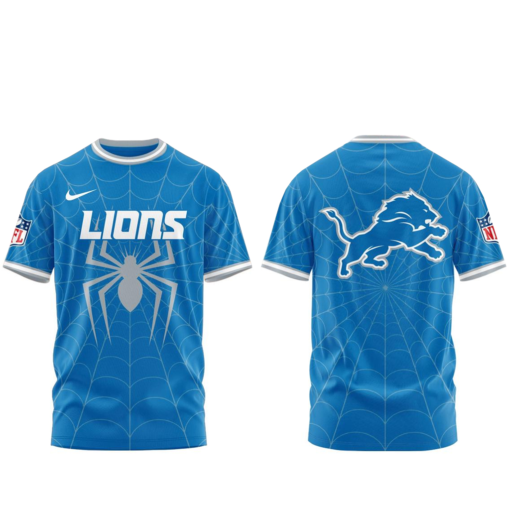 Unisex Detroit Lions x Spider-Man 2026 Blue Graphic Shirt for Football Fans 1 Unisex Detroit Lions x Spider-Man 2026 Blue Graphic Shirt for Football Fans