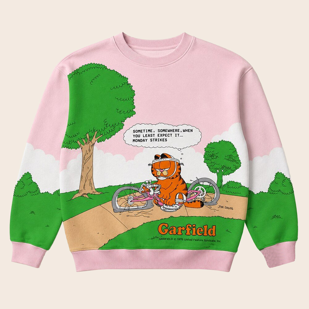 Unisex Garfield Monday Strikes Pink And Green Sweatshirt for Garfield Fans 1 Unisex Garfield Monday Strikes Pink And Green Sweatshirt for Garfield Fans