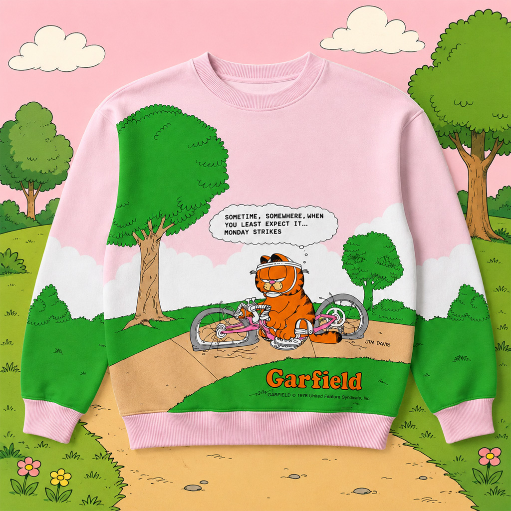 Unisex Garfield Monday Strikes Pink And Green Sweatshirt for Garfield Fans 2 Unisex Garfield Monday Strikes Pink And Green Sweatshirt for Garfield Fans - Image 2