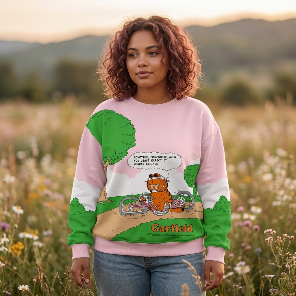 Unisex Garfield Monday Strikes Pink And Green Sweatshirt for Garfield Fans 3 Unisex Garfield Monday Strikes Pink And Green Sweatshirt for Garfield Fans - Image 3