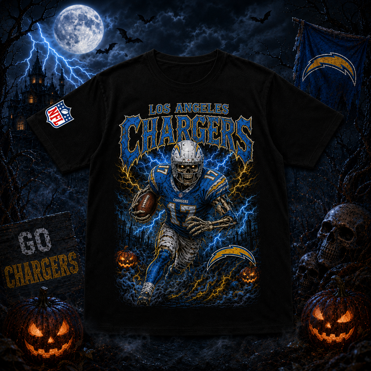 Unisex Los Angeles Chargers Spooky Skeleton Football Player Halloween 2026 Graphic Shirt for Football Fans 1 Unisex Los Angeles Chargers Spooky Skeleton Football Player Halloween 2026 Graphic Shirt for Football Fans