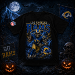 Unisex Los Angeles Rams Spooky Skeleton Football Player Halloween 2026 Graphic Shirt for Football Fans