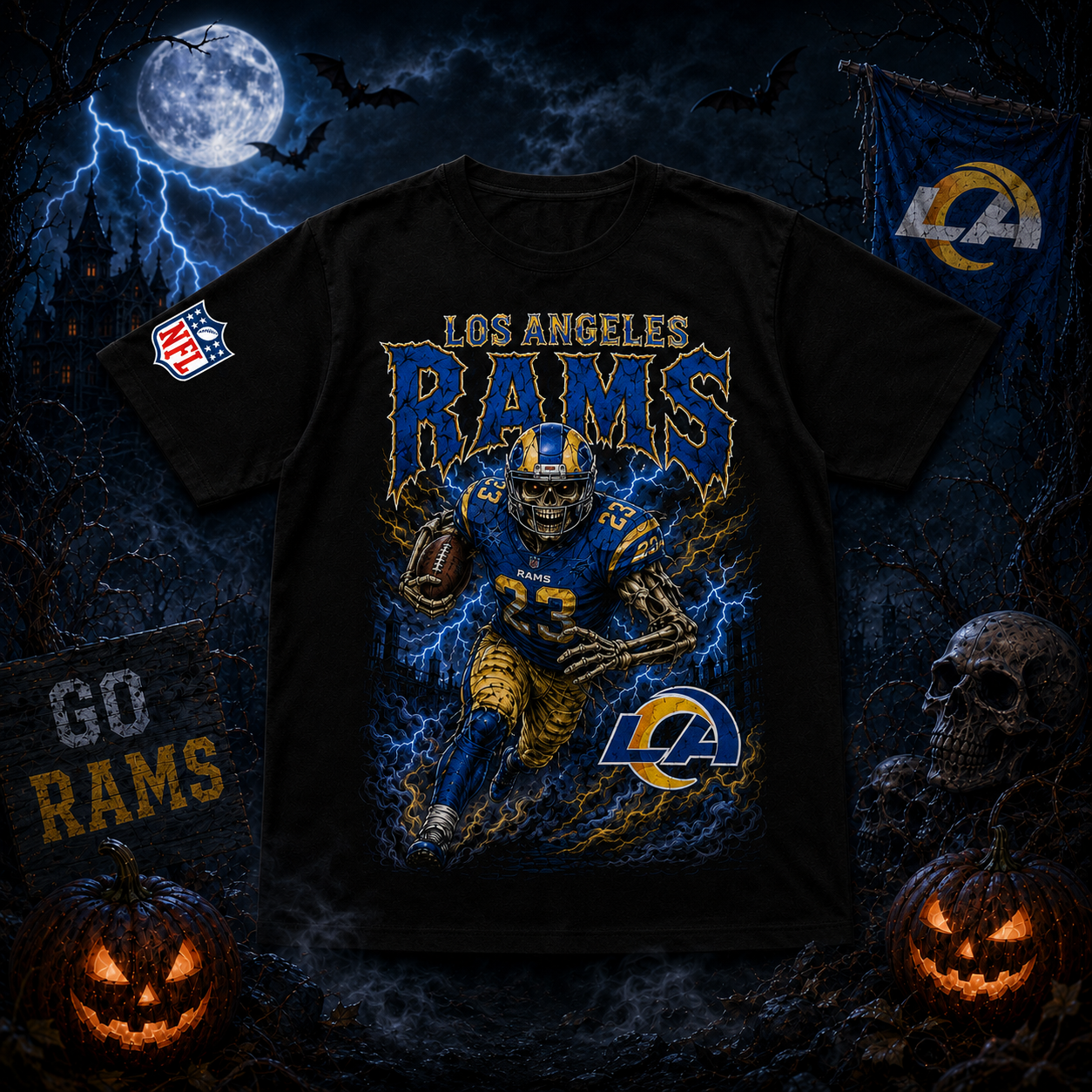 Unisex Los Angeles Rams Spooky Skeleton Football Player Halloween 2026 Graphic Shirt for Football Fans 1 Unisex Los Angeles Rams Spooky Skeleton Football Player Halloween 2026 Graphic Shirt for Football Fans